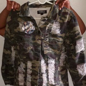 Camo Distressed Long Denim Jacket